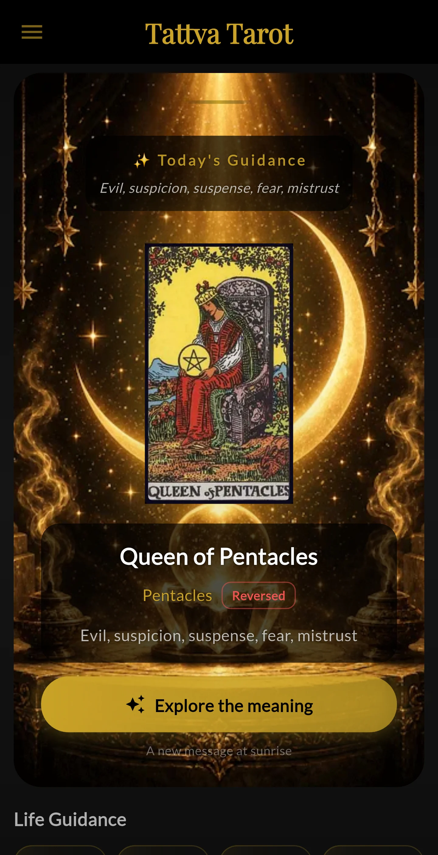 Daily tarot card meaning and guidance in the Tattva Tarot app